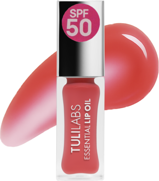 Nawilżający olejek Tuli Labs Essential SPF 50, koralowy, w butelce z widoczną obok błyszczącą smugą.