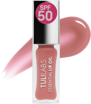 Nawilżający olejek do ust Tuli Labs Essential SPF 50, nude, w bezbarwnej butelce, z błyszczącą smużką.