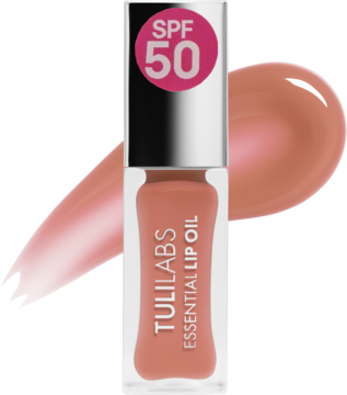 Nawilżający olejek do ust Tuli Labs Essential Perfect Nude SPF 50 w przezroczystej butelce, widok z przodu.