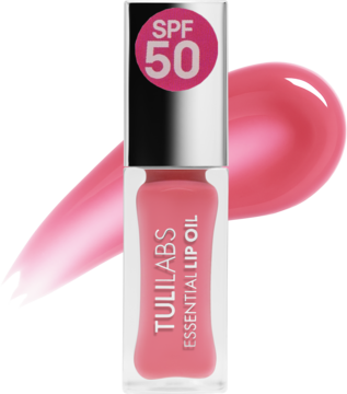 Różowy olejek do ust Tuli Labs Essential z SPF 50, butelka i błyszcząca smuga na tle.