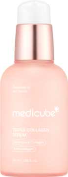 Medicube Triple Collagen Serum z Hydrolyzed i Atelocollagen w brzoskwiniowej butelce, widok z przodu.