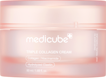 Różowy, matowy słoiczek Medicube Triple Collagen Cream 50 ml, widok z przodu. Krem nawilżający z kolagenem i niacynamidem.