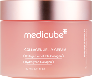 MEDICUBE Collagen Jelly Cream, różowy słoik z metaliczną nakrętką, widok z przodu. Krem-żel ujędrniający z kolagenem.
