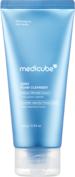 Medicube Zero Foam Cleanser: light blue tube, white cap, front view. Highlights Melissa and Camellia extracts.