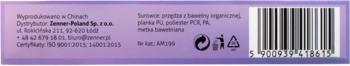 Tył fioletowego opakowania myjki do ciała z bawełną organiczną, widoczne informacje o produkcie i kod kreskowy.