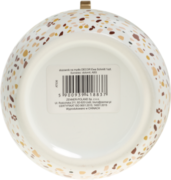 Dno ceramicznego dozownika DECOR Ewa Schmitt, ozdobionego beżowo-brązowymi plamkami, z etykietą i kodem kreskowym.