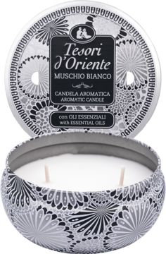 Tesori d'Oriente Muschio Bianco, świeca aromatyczna w otwartej okrągłej puszce. Biały wosk, dwa knoty, dekoracyjny wzór.