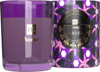 Hiskin SAKURA świeca zapachowa 150ml w fioletowym szkle i ozdobnym pudełku. Widok obu produktów.