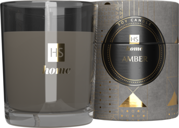 Świeca sojowa HS Home Amber w szarym szklanym słoju, obok dopasowane pudełko z geometrycznym wzorem.