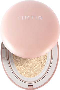 Różowy podkład TIRTIR Mask Fit All Cover Cushion Mini, otwarty, widok z góry, z beżowym produktem w środku.