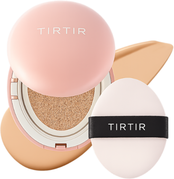 Różowy, matujący podkład TIRTIR Mask Fit All Cover Cushion Mini, otwarty, z puszkiem i próbką koloru.