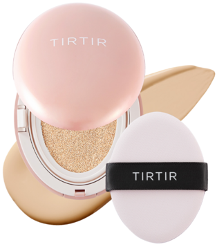 Różowy podkład TIRTIR Mask Fit All Cover Cushion Mini 17W, otwarty z puszkiem, na tle próbki matowego krycia.