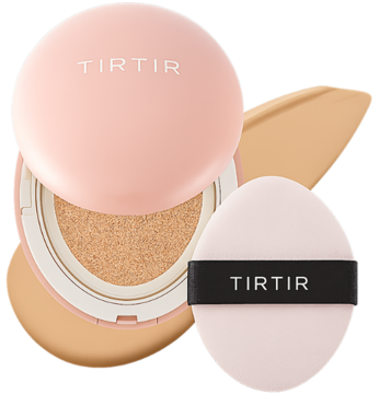 Otwarty różowy kompakt TIRTIR Mask Fit All Cover Cushion Mini 21N Ivory z puszkiem, matujący kryjący podkład.