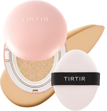 Różowy TIRTIR Mask Fit Cushion Mini otwarty, z podkładem 21W Natural Ivory i białym puffem TIRTIR obok.