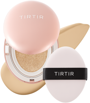 Różowy TIRTIR Mask Fit All Cover Cushion Mini 23N Sand otwarty, z gąbką i próbką kryjącego podkładu.