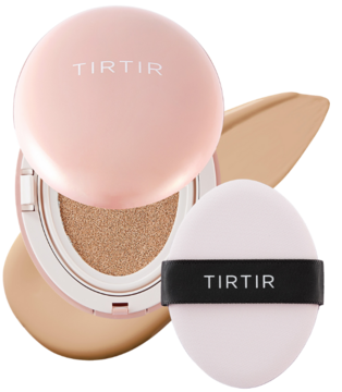 Mini podkład TIRTIR Mask Fit Cushion 24N w różowej kasetce, otwarty, z aplikatorem i beżowym testem koloru.