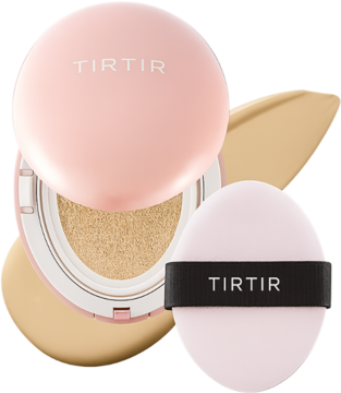 TIRTIR Mask Fit All Cover Cushion Mini 24W Soft Beige: otwarty różowy podkład z gąbką i aplikatorem puff, widok z góry.