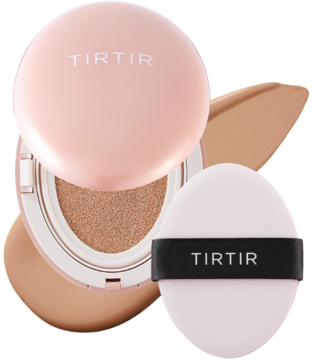 Różowy kompakt TIRTIR Mask Fit All Cover Cushion Mini 27C, otwarty z beżowym podkładem i białym aplikatorem obok.