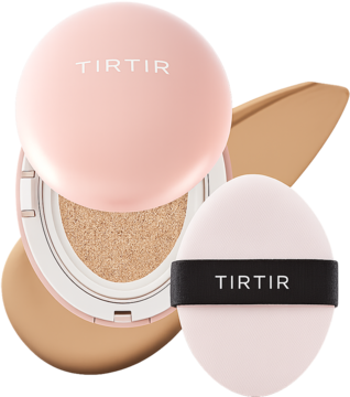 Kryjący podkład TIRTIR Mask Fit All Cover Cushion Mini 29N Natural Beige w różowym kompakcie, otwarty, z gąbką.