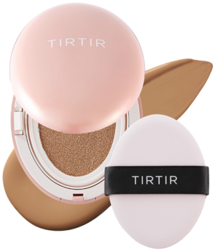 Różowy podkład TIRTIR Mask Fit All Cover Cushion Mini z puszkiem, widok z góry na otwarty kompakt i swatch.