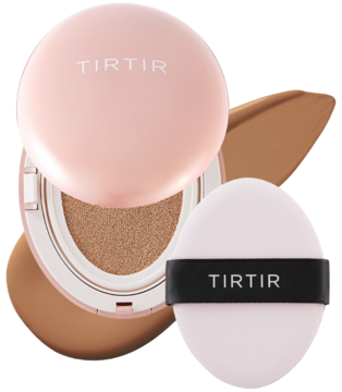 TIRTIR Mask Fit All Cover Cushion Mini w odcieniu 33C, różowy kompakt z podkładem i białym aplikatorem, widok z góry.