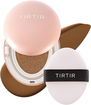 Matowy podkład TIRTIR Mask Fit All Cover Cushion Mini 43N Deep Cocoa, otwarty różowy kompakt i biały aplikator.
