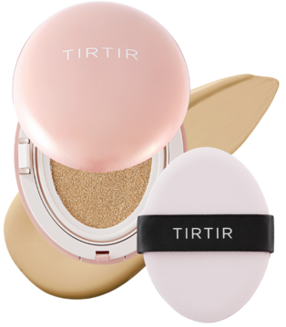 Różowy matujący podkład TIRTIR Mask Fit All Cover Cushion 24W Soft Beige, otwarty z gąbeczką do aplikacji.