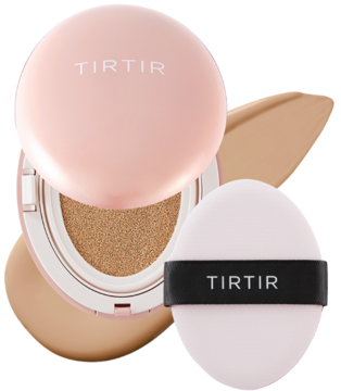 Kryjący podkład TIRTIR Mask Fit All Cover Cushion w różowym kompakcie, otwarty z beżową formułą i puszkiem.