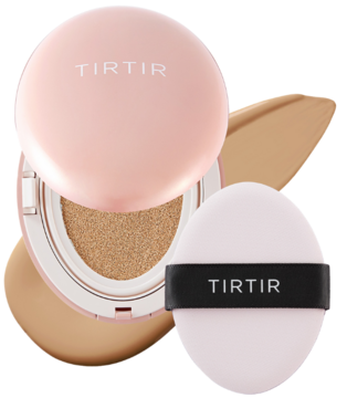Podkład TIRTIR Mask Fit All Cover Cushion 27N Camel, otwarty, z gąbeczką i widoczną próbką koloru.