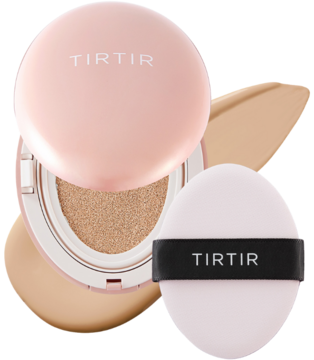 Różowy kryjący podkład TIRTIR Mask Fit All Cover Cushion 23N Sand otwarty, z gąbeczką obok, na białym tle.