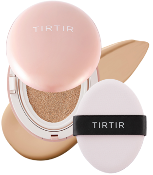 Różowy, kryjący podkład TIRTIR Mask Fit All Cover Cushion 24N Latte, otwarty, z aplikatorem i swatche'em.