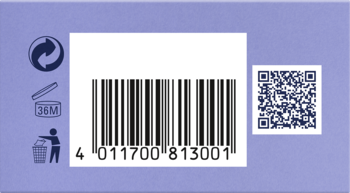 Tył opakowania wegańskiego zapachu s.Oliver United. Widoczny kod kreskowy, QR, symbole recyklingu i 36M PAO.