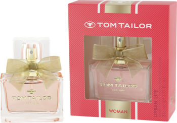 Tom Tailor Urban Life Woman: różowy flakon perfum ze złotą kokardką, widok z przodu, obok czerwonego pudełka.