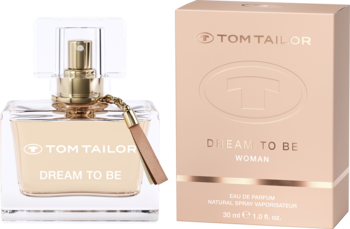 Tom Tailor Dream to Be woda perfumowana dla kobiet, butelka z płynem i złotym atomizerem, obok różowe pudełko.