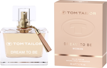 Tom Tailor Dream to Be woda perfumowana dla kobiet, przezroczysta butelka i różowe pudełko, widok z przodu.