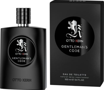 Męska woda toaletowa Otto Kern Gentleman’s Code w czarnej butelce z logiem i eleganckim pudełku, widok z przodu.