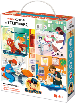 Zestaw CzuCzu: puzzle Co Robi Weterynarz, 60 elementów, z obrazkami i plakatem, kolorowe pudełko z uchwytem.