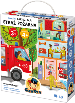 Puzzle CzuCzu „Straż Pożarna” 40 elementów, w pudełku z wozem i scenami z remizy, widok pod kątem.