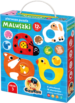 Niebieskie pudełko z puzzlami CzuCzu Maluszki, pierwsze układanki zwierzątka: lis, biedronka, kaczka, owca. Widok z przodu.