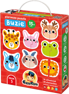 Czerwone pudełko "pierwsze puzzle Buzie" CzuCzu z białym uchwytem. Widok z przodu, kolorowe zwierzątka, 18 układanek.