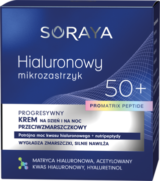 Soraya Hialuronowy Mikrozastrzyk 50+ krem przeciwzmarszczkowy, niebieskie opakowanie, widok z przodu.