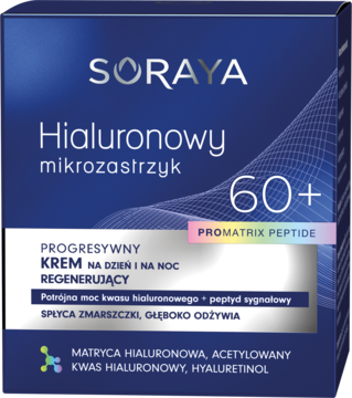 Soraya Hialuronowy Mikrozastrzyk 60+ krem regenerujący z peptydem w ciemnoniebieskim pudełku, widok z przodu.