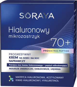Progresywny krem naprawczy Soraya Hialuronowy Mikrozastrzyk 70+ w granatowym opakowaniu, widok z przodu.