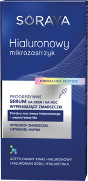 Ciemnoniebieskie opakowanie serum Soraya Hialuronowy Mikrozastrzyk, wypełniające zmarszczki, z Promatrix Peptide, widok z przodu.