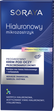 Niebieskie opakowanie Soraya Hialuronowy Mikrozastrzyk, progresywny krem pod oczy przeciwzmarszczkowy, widok z przodu.