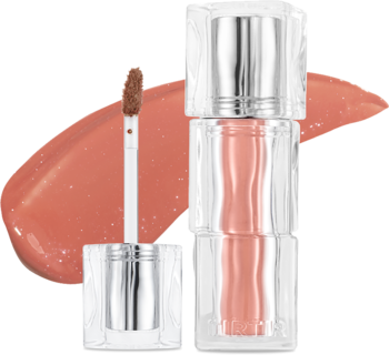 Mini tint TIRTIR Waterism Glow Salmon Syrup w transparentnej tubce, z aplikatorem i błyszczącą smugą produktu.