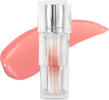 Mini tint do ust TIRTIR Waterism Glow Tint Peachricot w przezroczystej butelce na tle błyszczyka.