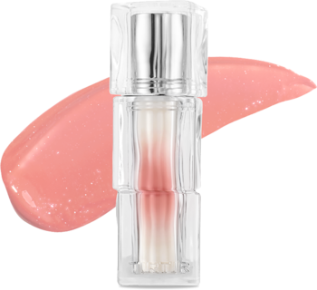 Mini tint TIRTIR Waterism Glow Nutty Pink, przezroczysta butelka z srebrną zakrętką, z tyłu błyszcząca smuga koloru.