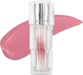 Mini tint TIRTIR Eveny, różowy błyszczyk do ust, butelka z gradientem, obok smuga błyszczącego produktu.