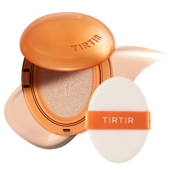 Matowy podkład TIRTIR Mask Fit AI Filter Cushion 21C Cool Ivory w otwartym pomarańczowym kompakcie z puszkiem.